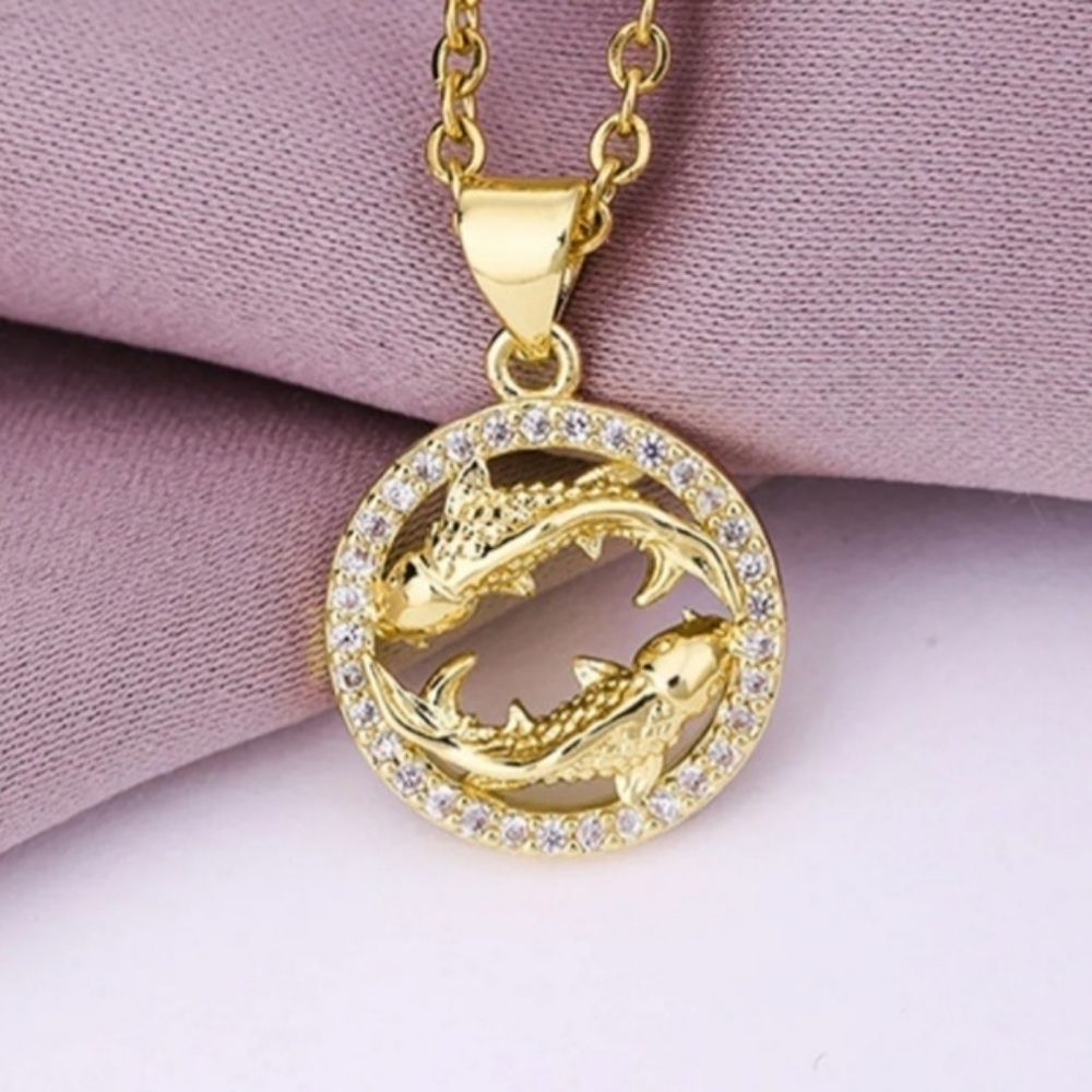 Pisces Feb/March Zodiac  Necklace Inlaid Zircon Gold Plated Stainless Steel